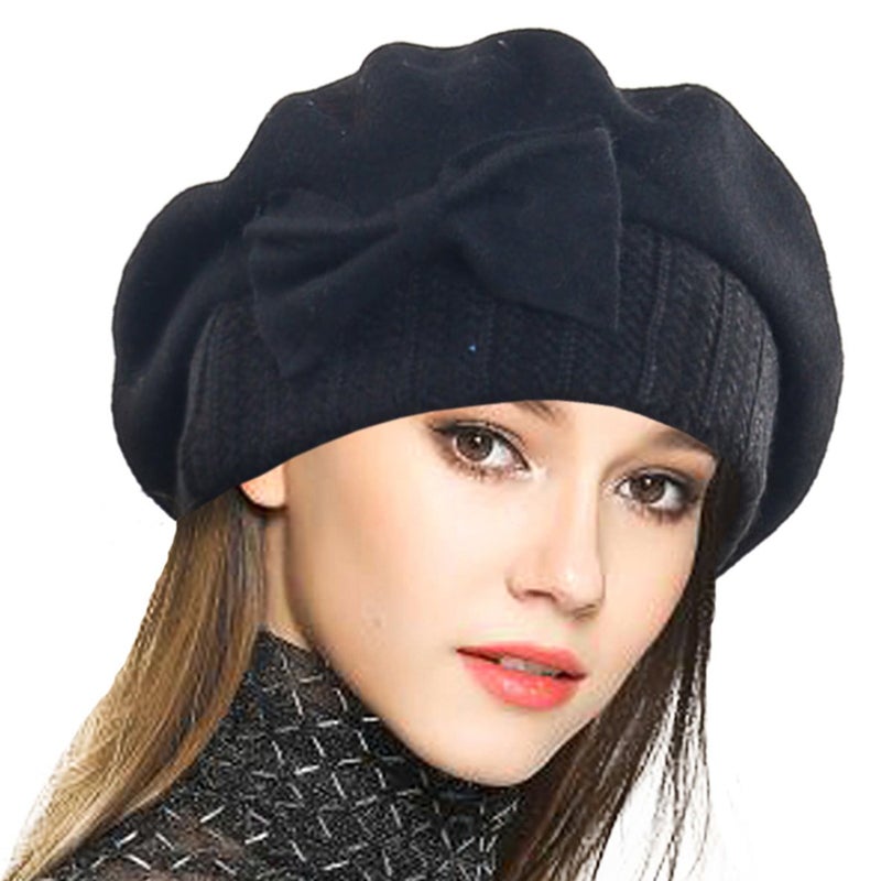 VECRY Lady French Beret 100% Wool Beret Floral Dress Beanie Winter Hat (Bow-Black) - Image 1